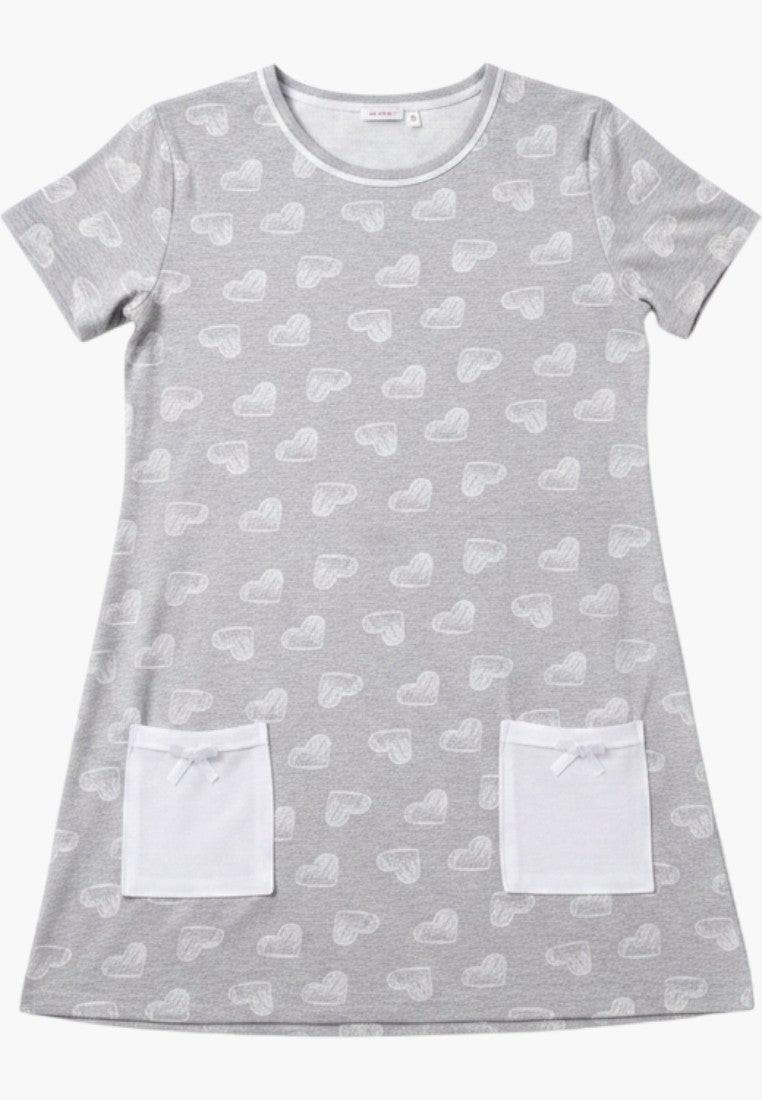 Falio grey cotton nightgown with all-over white heart print and white pocket details. Short sleeves and round neckline.