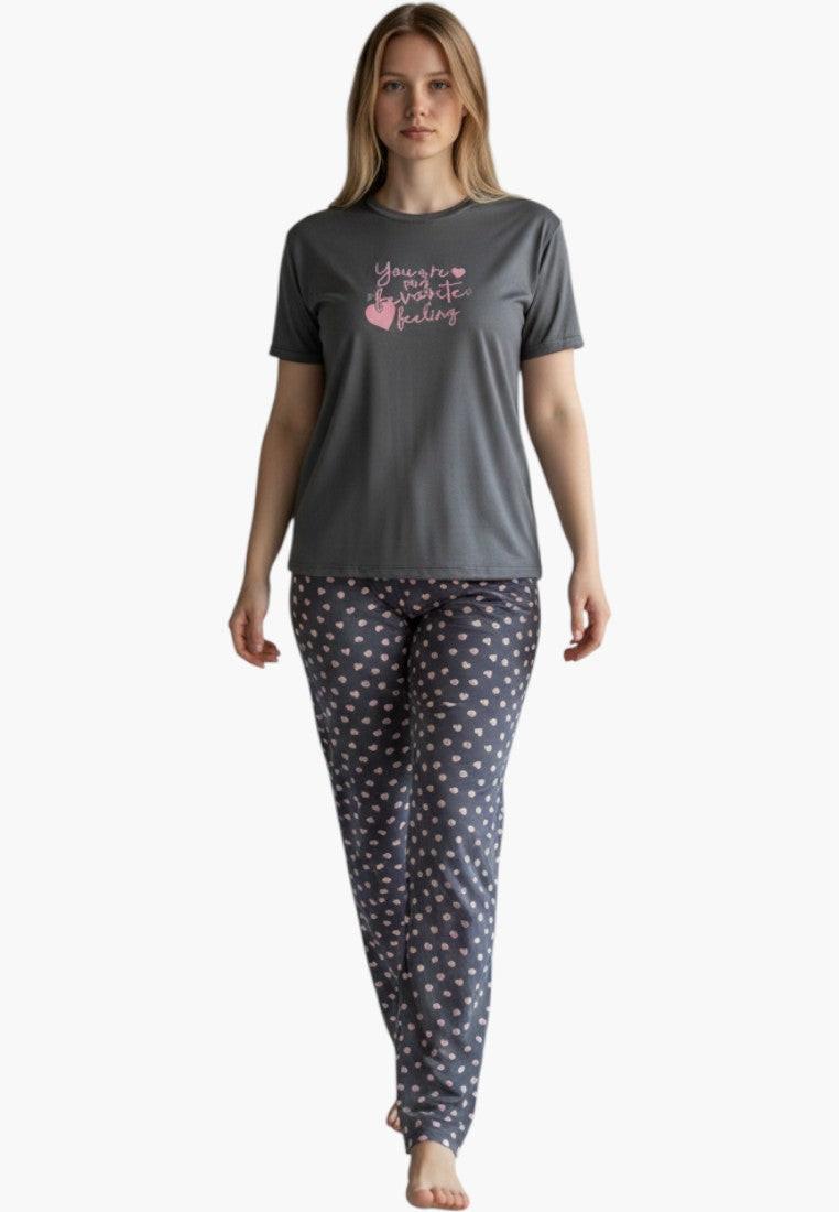 Falio grey 100% cotton plus size pajama set with pink heart print pants and graphic tee.