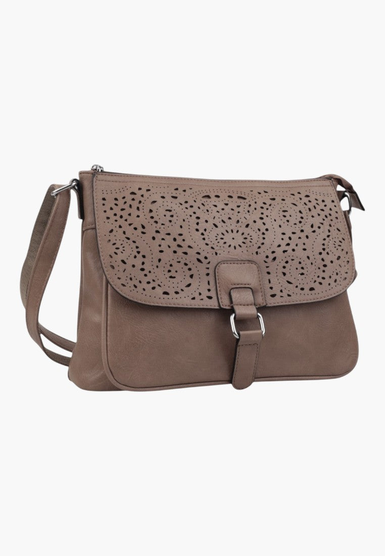 Falio grey crossbody bag with a decorative laser-cut floral flap and adjustable shoulder strap
