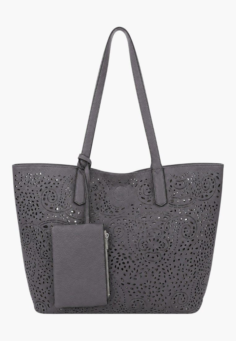 Falio grey faux leather shopper bag with intricate laser-cut floral patterns and a matching detachable pouch