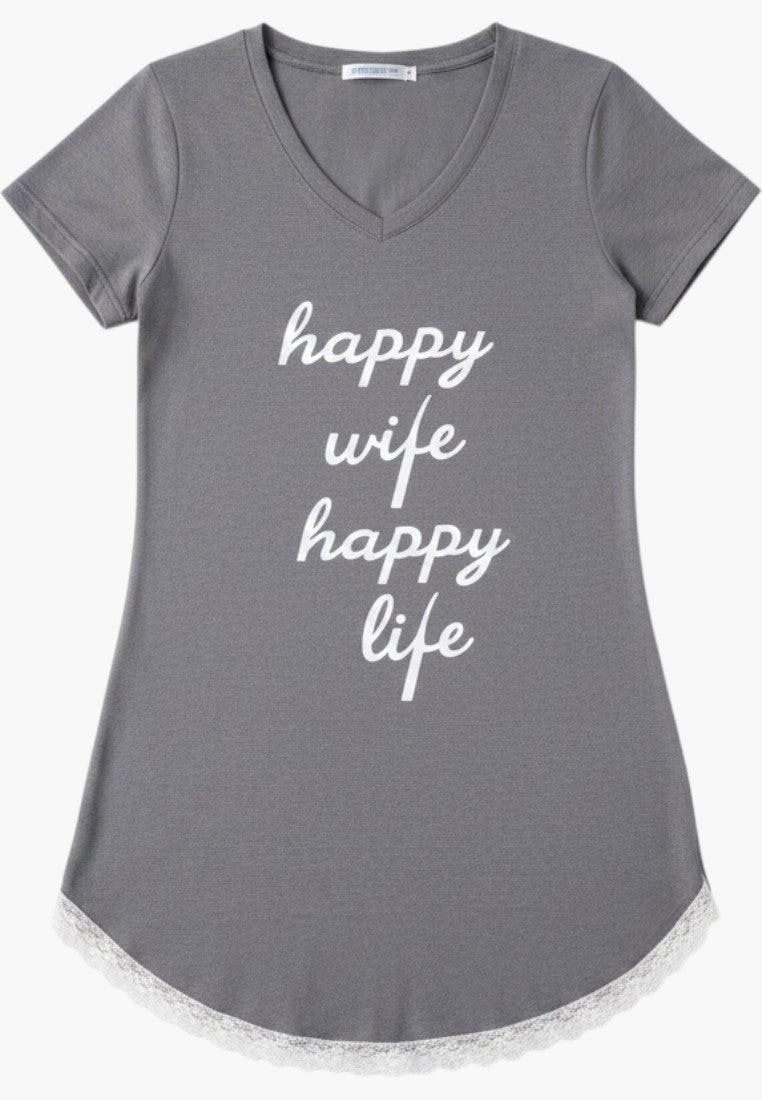 Falio grey v-neck short sleeve nightgown with white lace trim and "happy wife happy life" graphic.