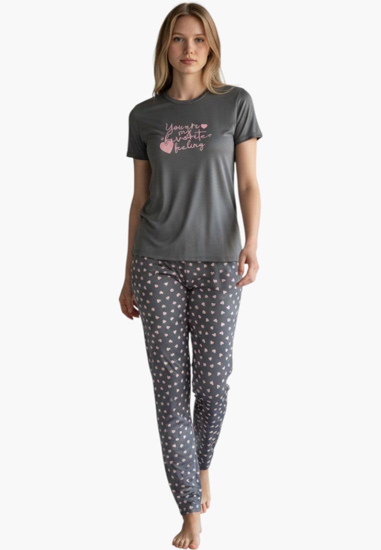 Falio grey cotton short sleeve pajama set with pink heart print pants and "You are my favorite feeling" graphic.