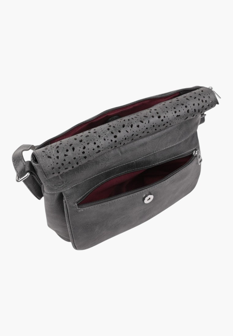 Falio grey crossbody bag with laser-cut perforated flap detail and a zippered front pocket on a white background