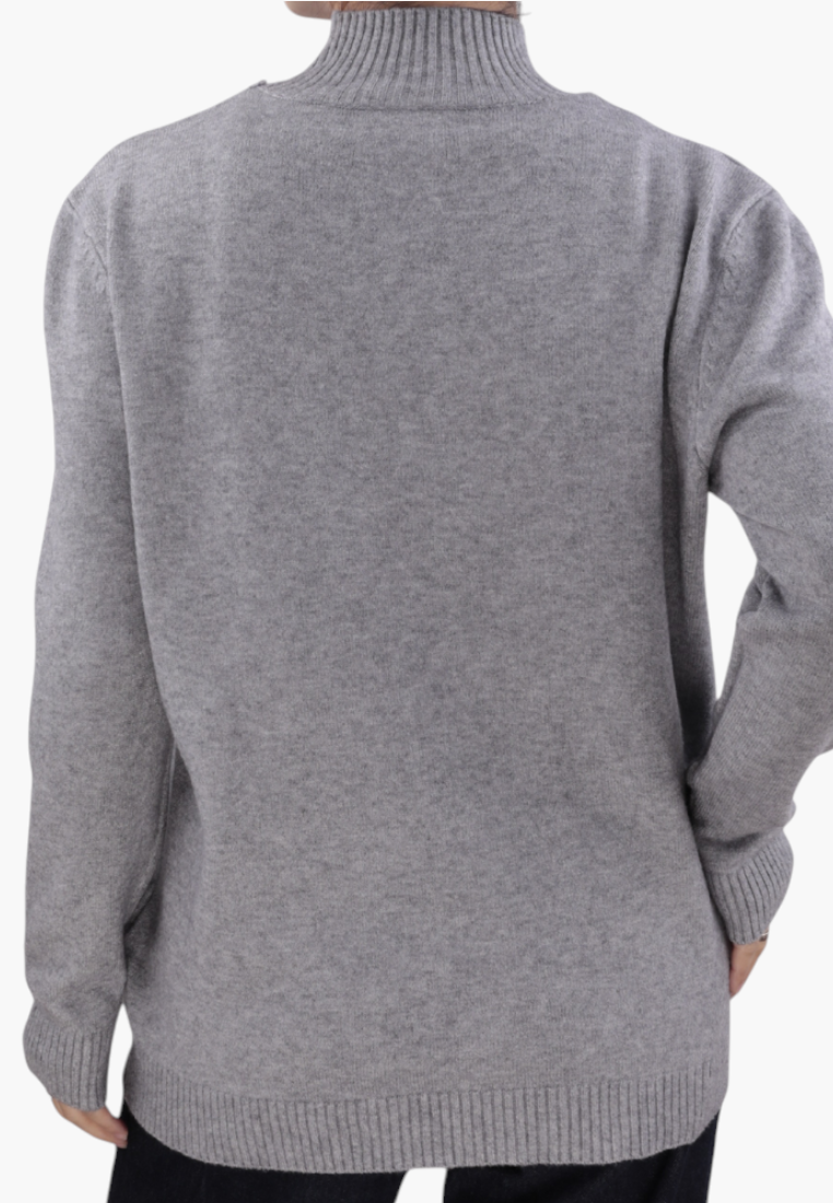 Falio grey plus size women's sweater with a mock neck and long sleeves, back view