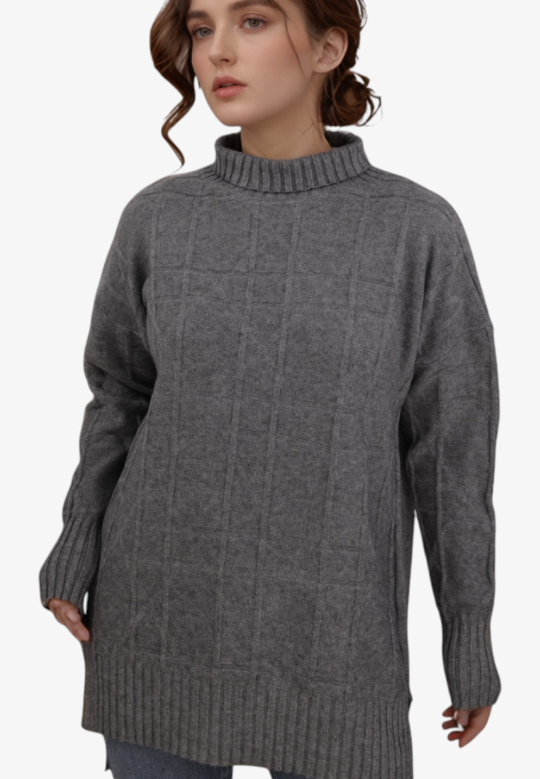 Falio plus size grey mock neck sweater with a textured grid pattern worn by a model