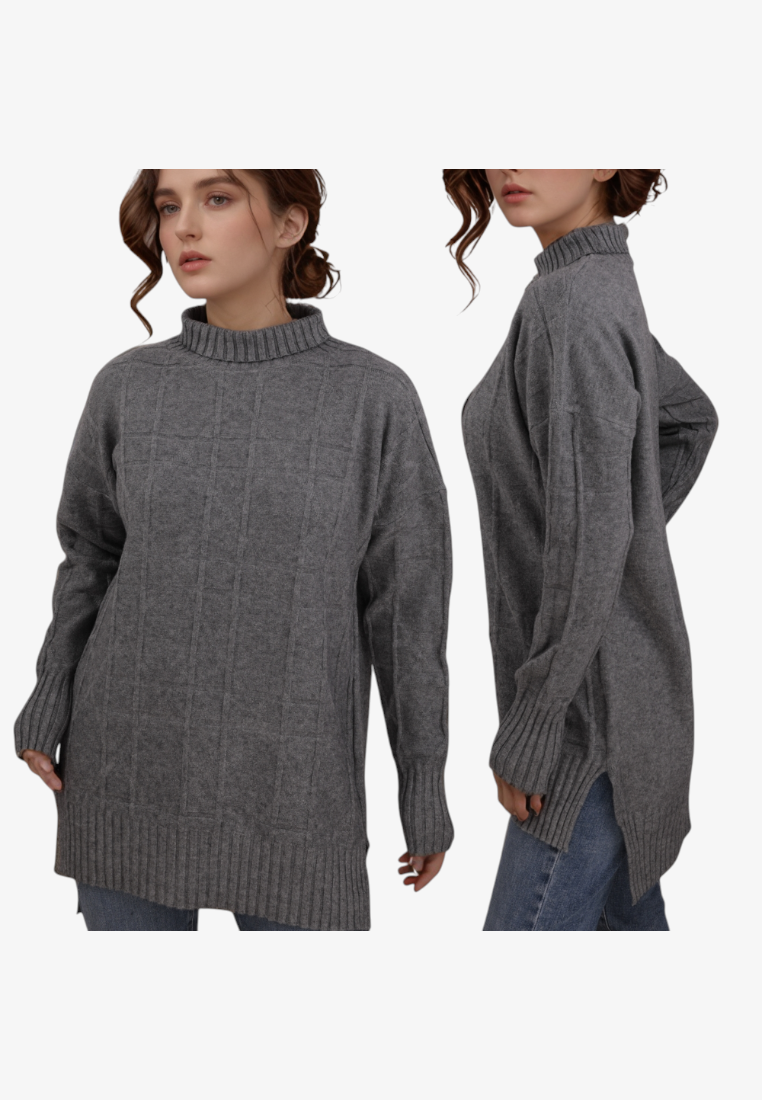 Falio plus size grey mock neck sweater with long sleeves and ribbed hem worn by a model in front and side views