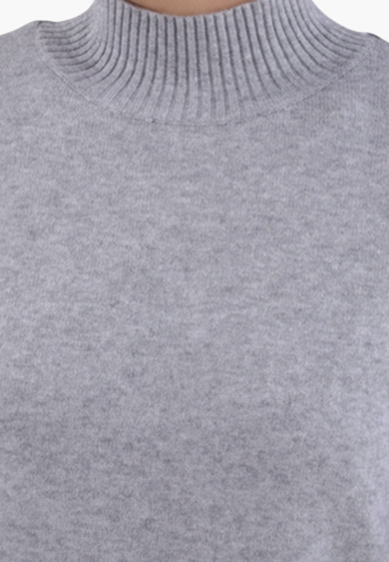 Falio plus size grey mock neck sweater with ribbed collar detail, made from a soft viscose blend knit fabric.