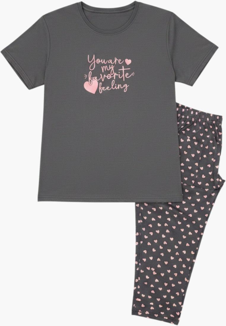 Falio grey 100% cotton plus size pajama set with short sleeves and heart print pants.