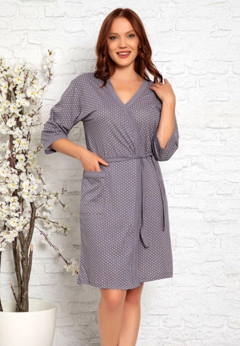 Falio cotton women's robe in grey with white polka dots, featuring short sleeves, pockets, and a tie waist.