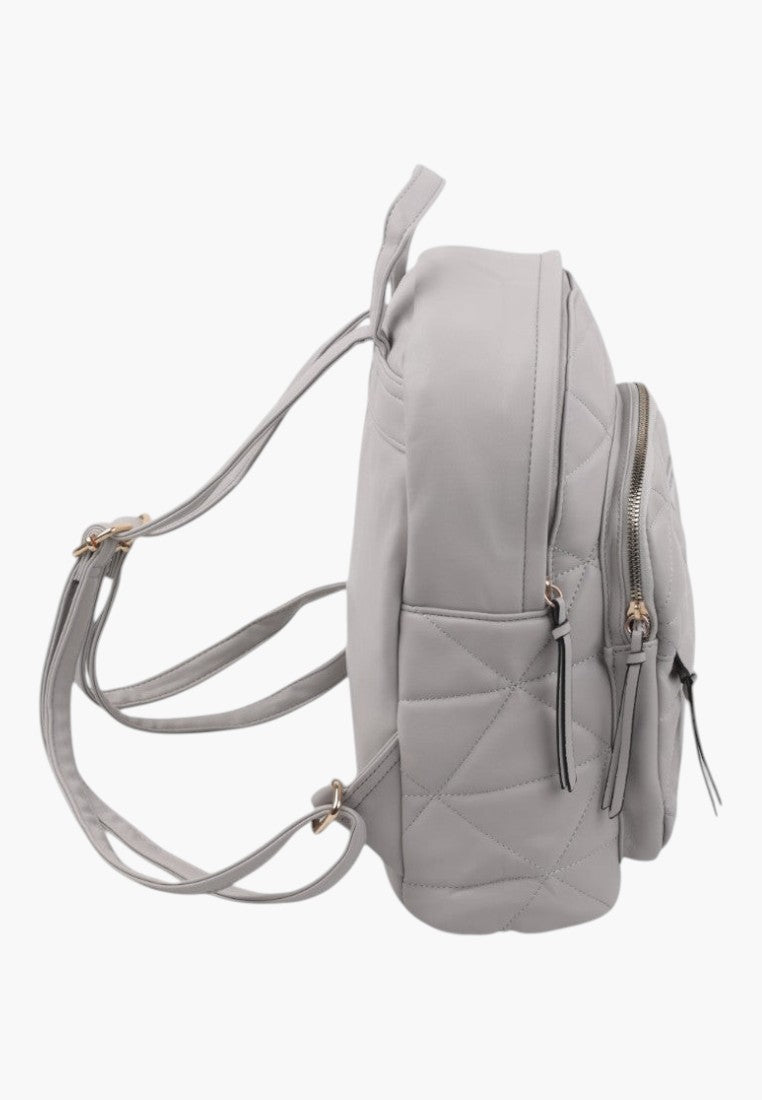 Falio grey urban backpack made of quilted eco-leather with side view showing adjustable straps and zipper closure