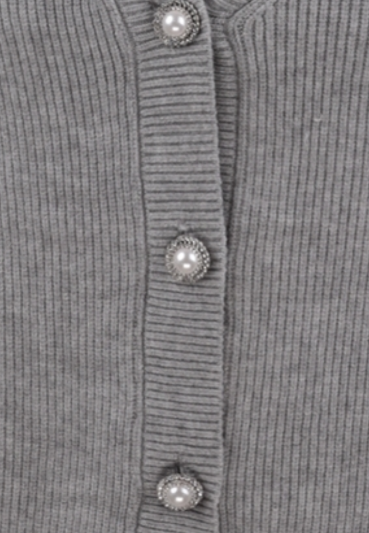 Falio grey ribbed knit cardigan featuring elegant pearl-style buttons and a classic V-neck design