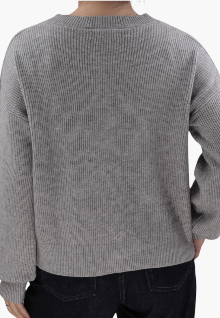 Falio grey ribbed knit sweater with long sleeves and a classic fit, shown from the back on a person.