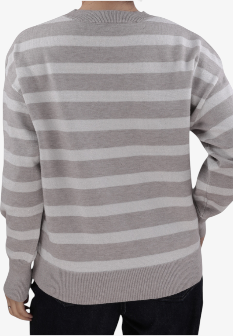 Falio women's grey and white striped long-sleeve sweater with a round neckline, viewed from the back.