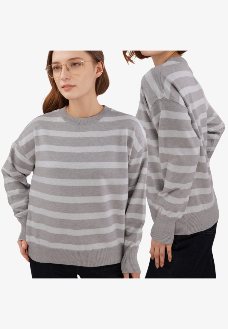 Falio grey striped long-sleeve sweater with a round neckline worn by a woman with glasses