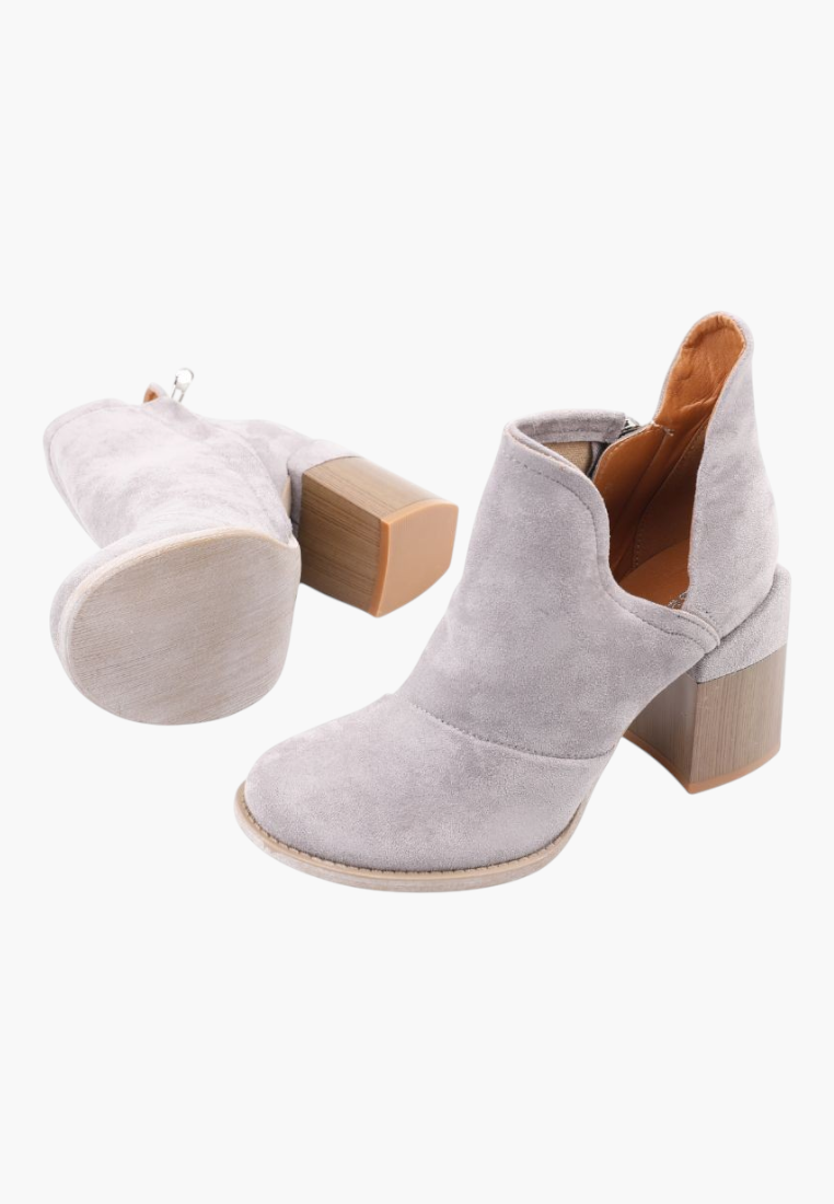 Falio grey faux suede ankle boots with a chunky block heel and side cutout detail