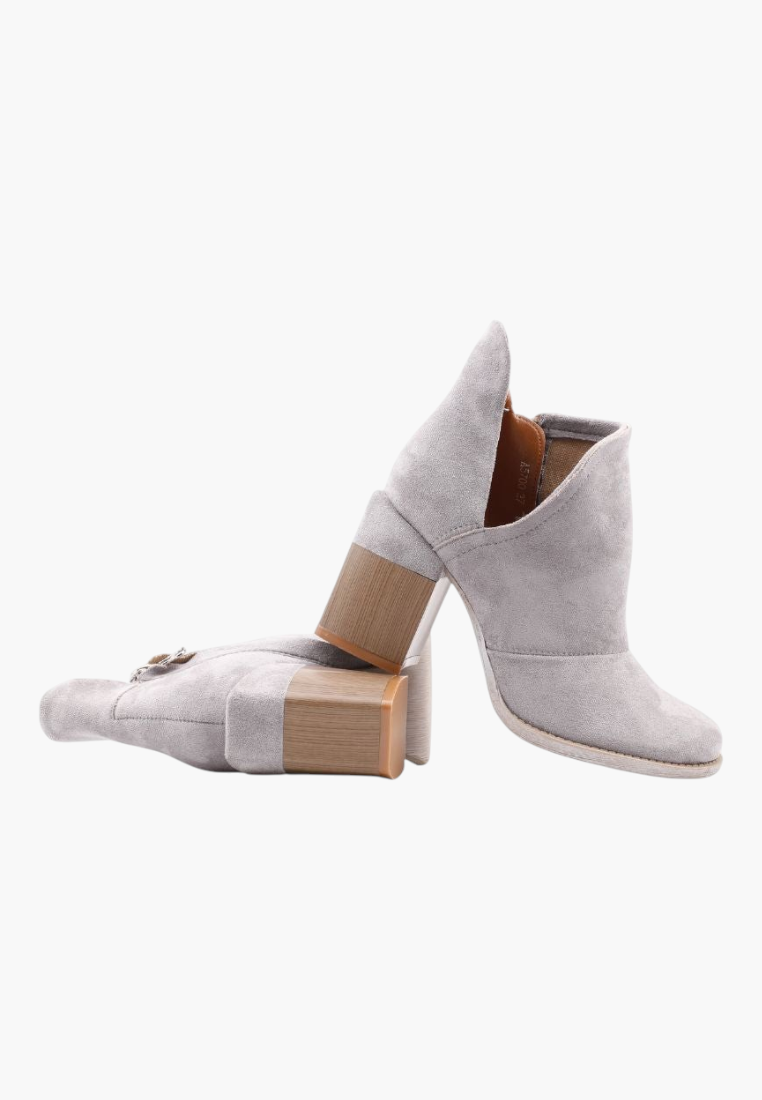 Falio grey faux suede ankle boots with a chunky wooden block heel and round toe, perfect for stylish autumn outfits.