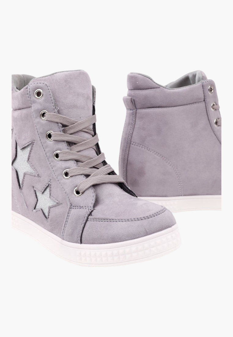 Falio Matryosha 3 grey suede high-top sneakers with silver star appliques and white rubber soles