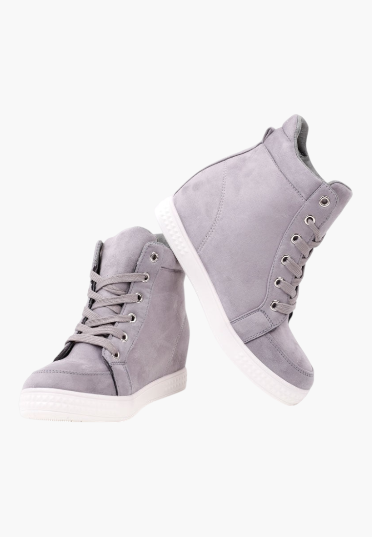 Falio Matryosha 3 grey suede high-top wedge sneakers with white rubber soles and lace-up closure