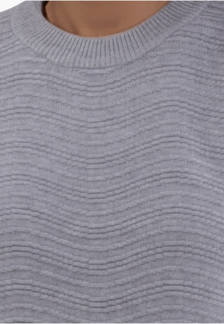 Falio grey women's sweater with a textured wavy pattern, round neckline, and soft cashmere blend fabric.