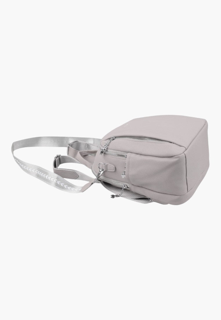 Falio grey urban women's backpack with silver zipper details and patterned adjustable shoulder straps