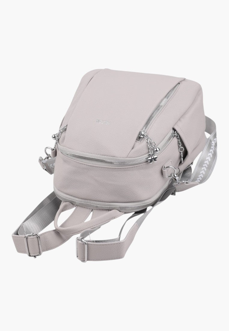 Falio grey urban women's backpack with silver zippers and patterned adjustable straps, shown from a back angle.