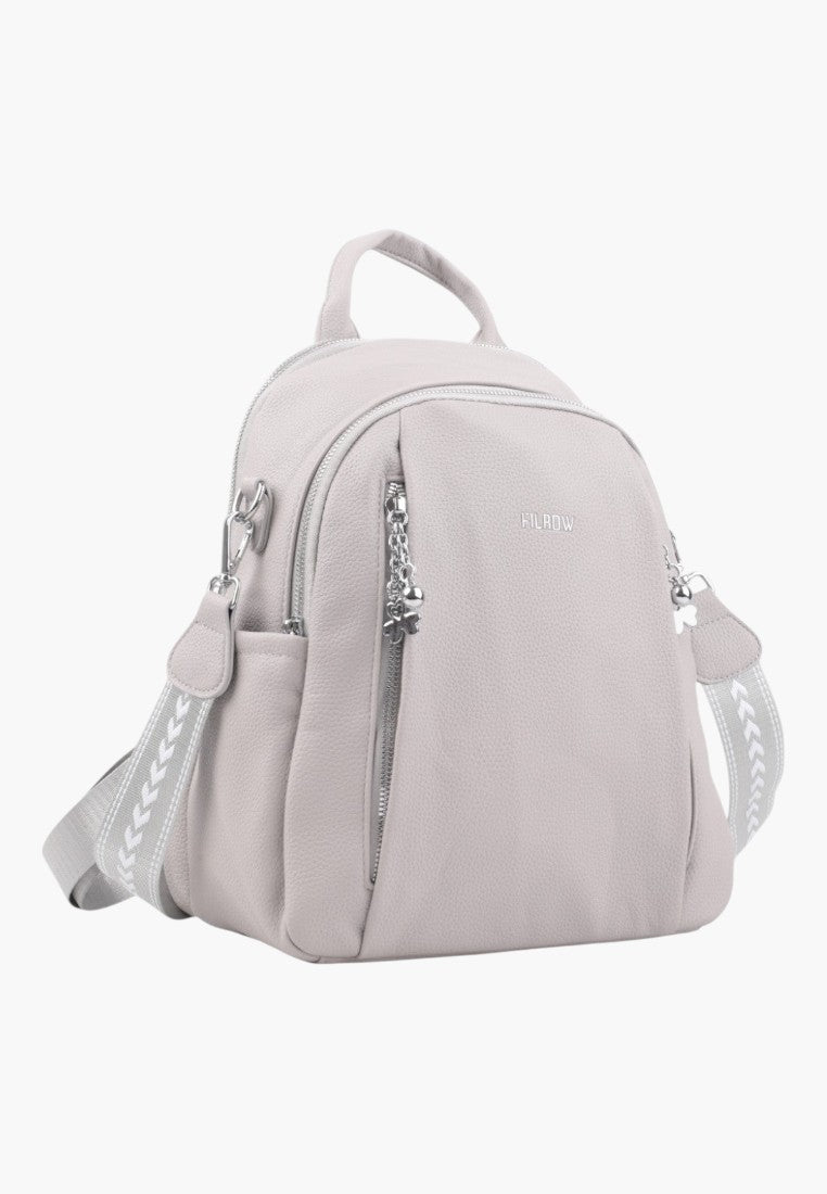 Falio grey urban women's backpack with silver zippers and patterned adjustable straps for daily use.