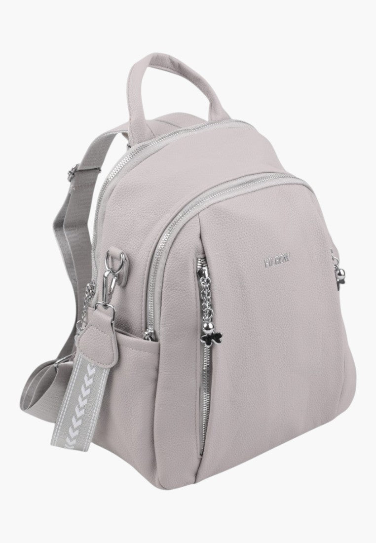 Falio grey urban women's backpack with silver zippers and decorative patterned straps for daily use.