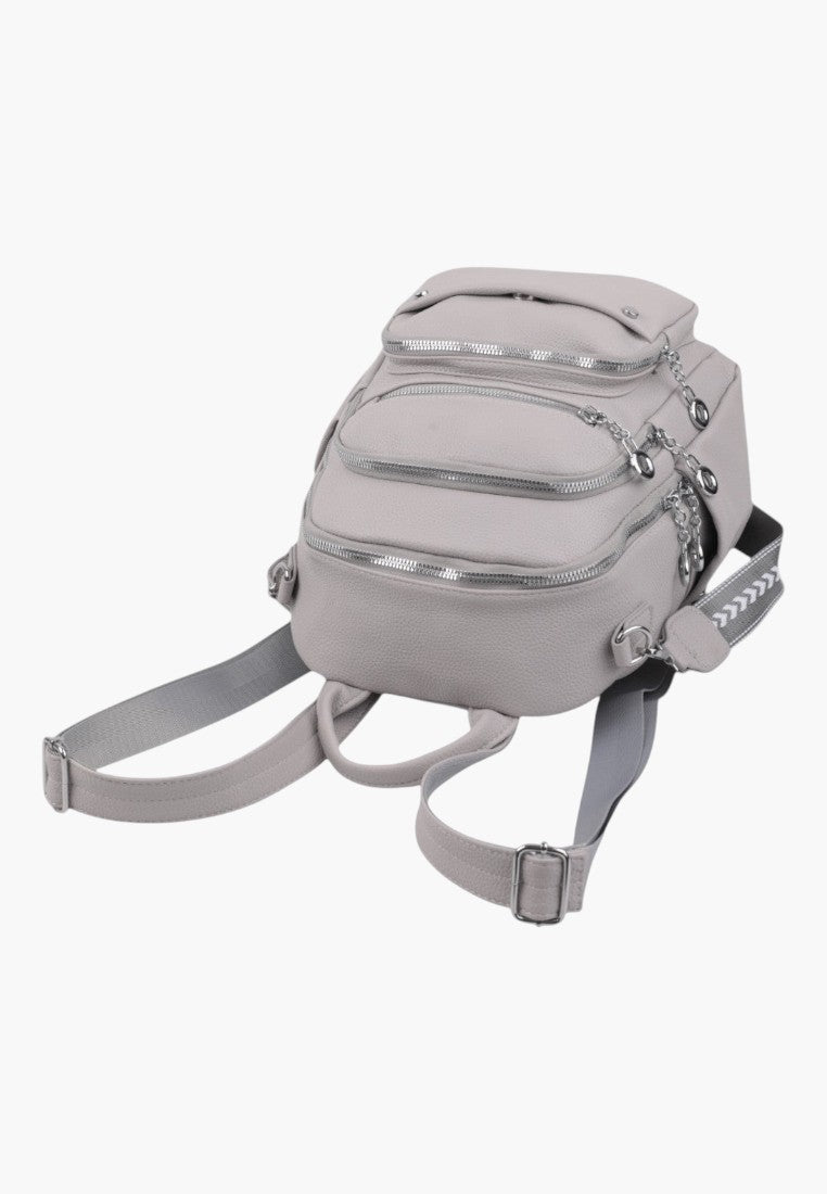 Falio grey urban women's backpack with multiple zippered compartments and adjustable patterned shoulder straps.