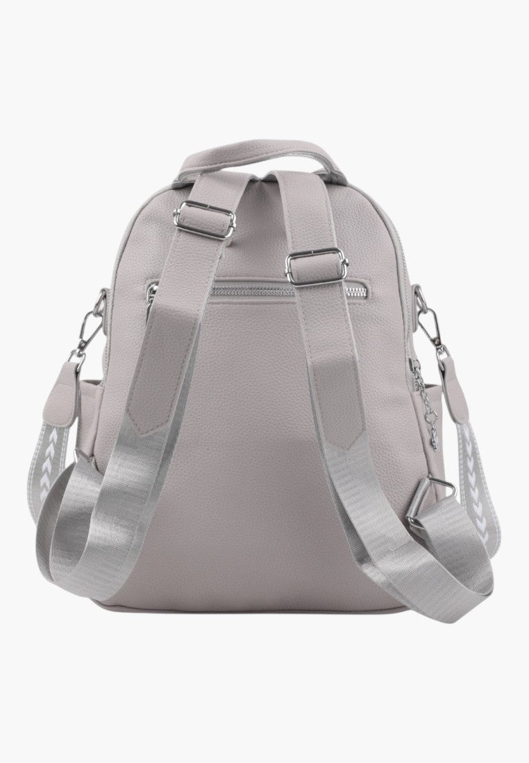 Falio grey urban women's backpack with adjustable patterned straps and silver hardware, back view