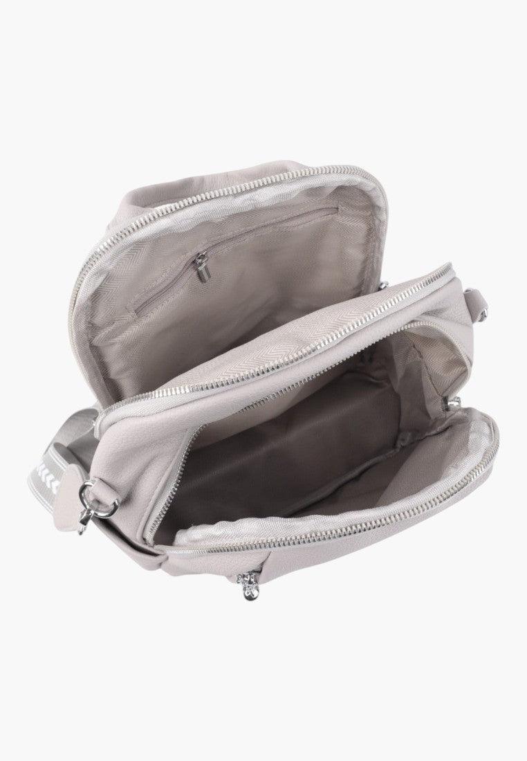 Falio grey urban women's backpack with open zippered compartments and patterned shoulder strap