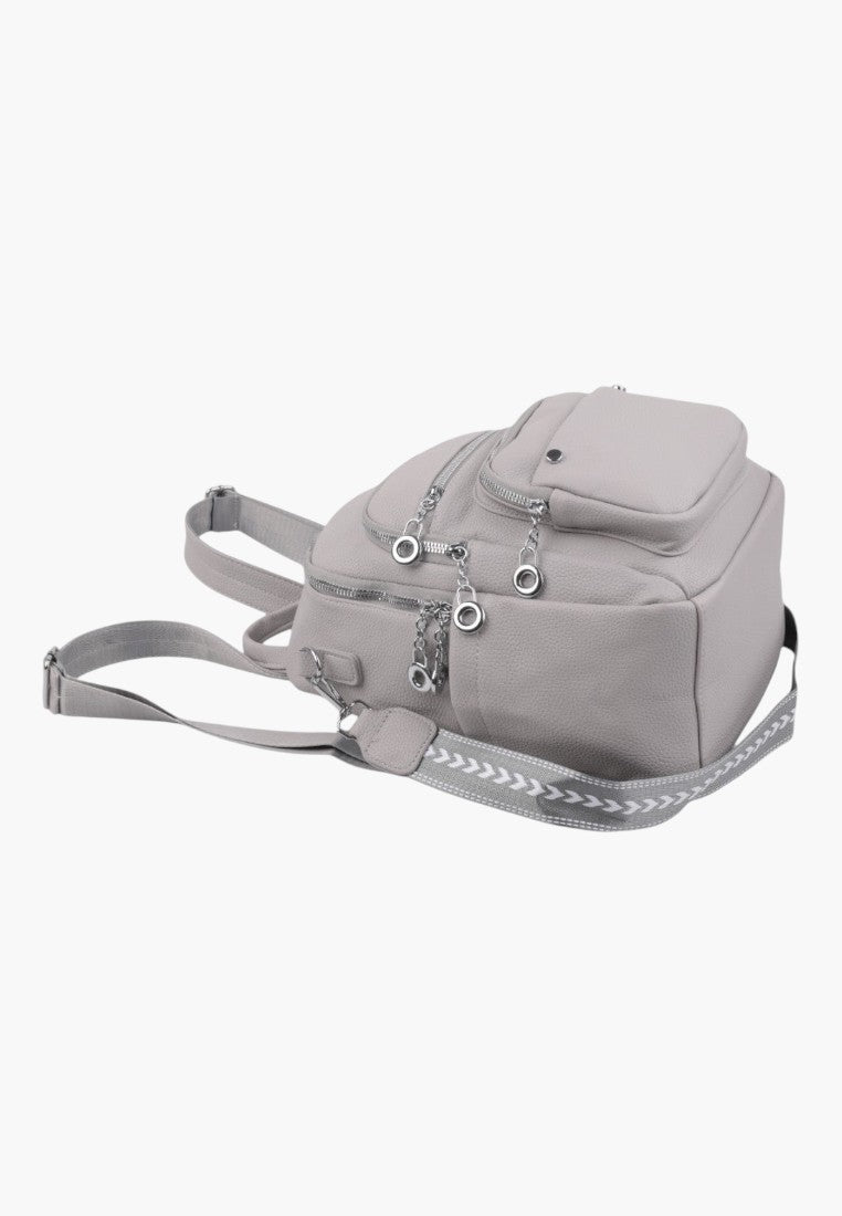 Falio grey urban women's backpack with multiple zippered compartments and a decorative patterned shoulder strap.