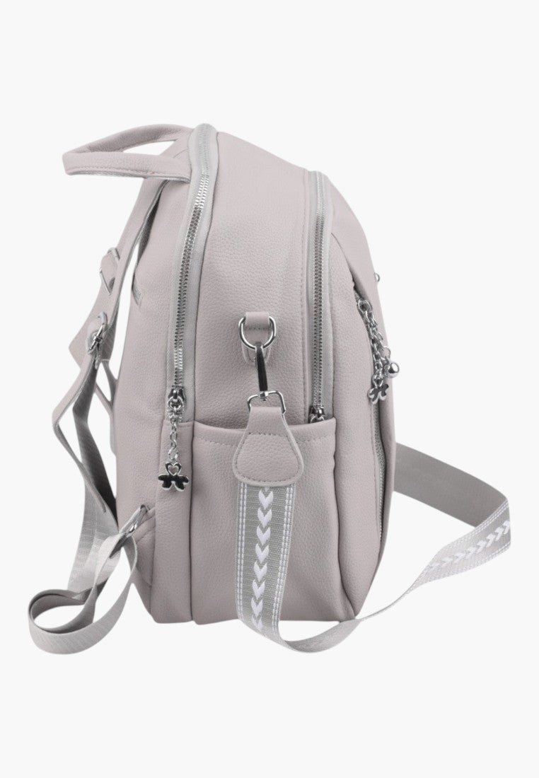 Falio grey urban women's backpack with side view, featuring multiple zippered compartments and decorative straps.