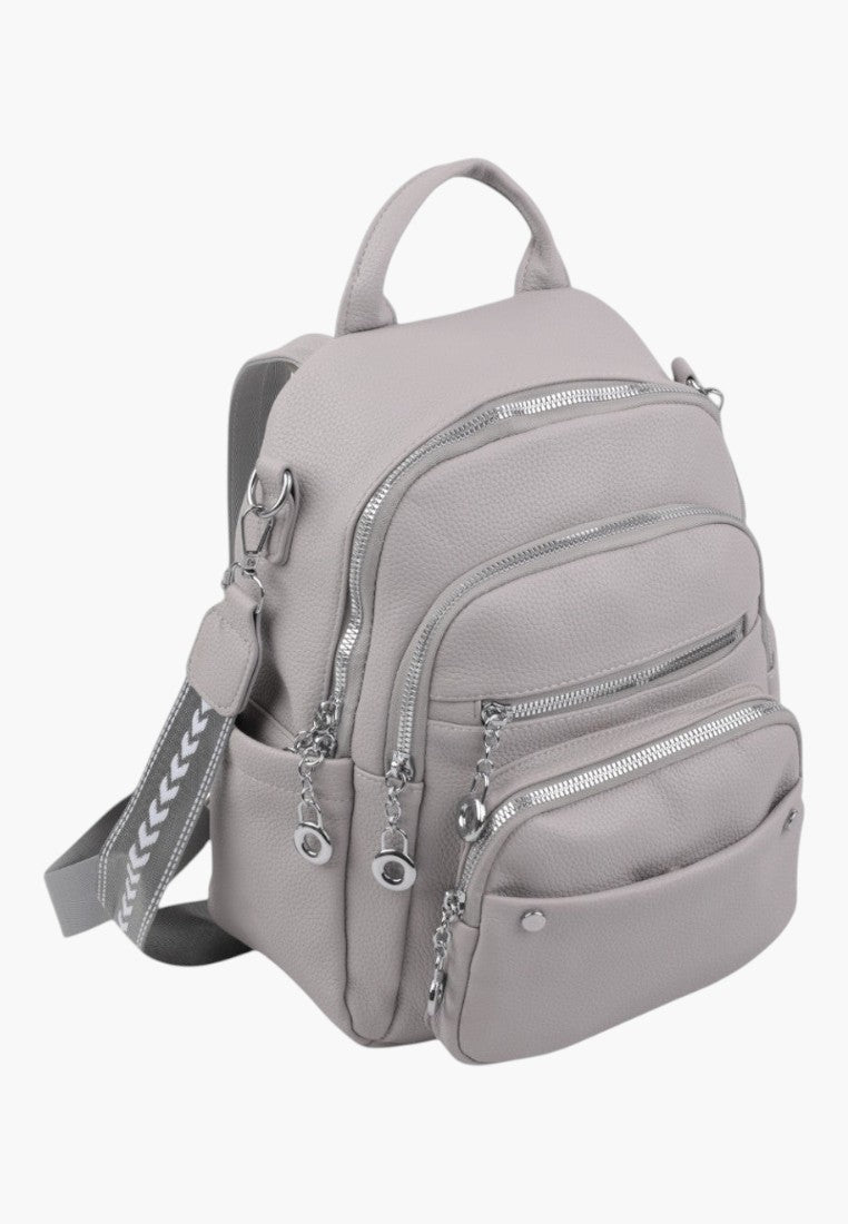 Falio grey urban women's backpack with multiple zippered compartments and a decorative patterned shoulder strap