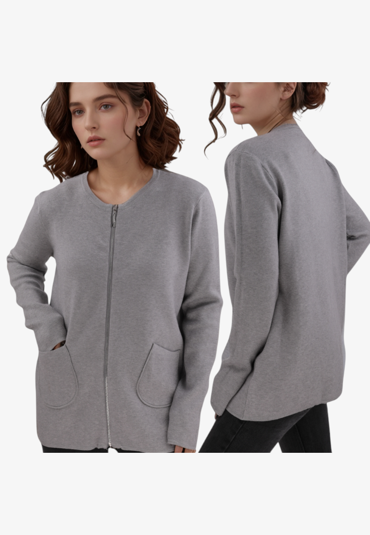 Falio plus size grey viscose cardigan with a round neckline, front zipper, and two patch pockets on a model.