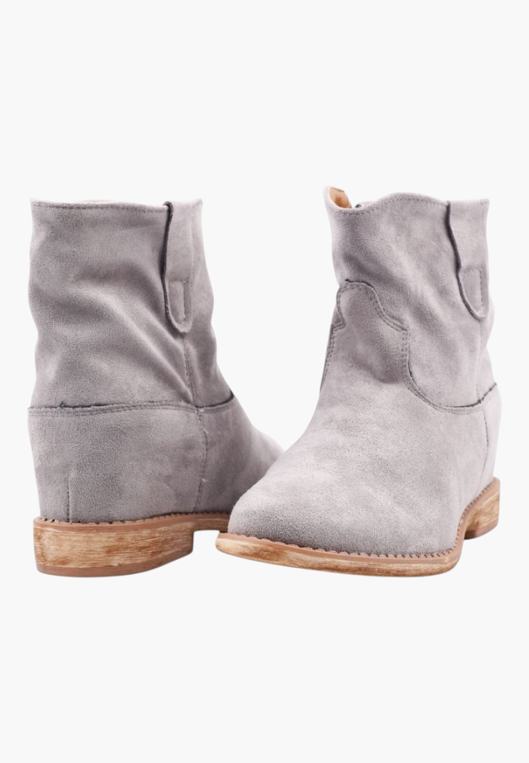 Falio grey faux suede ankle boots with a wedge heel and rounded toe, perfect for stylish and comfortable wear.