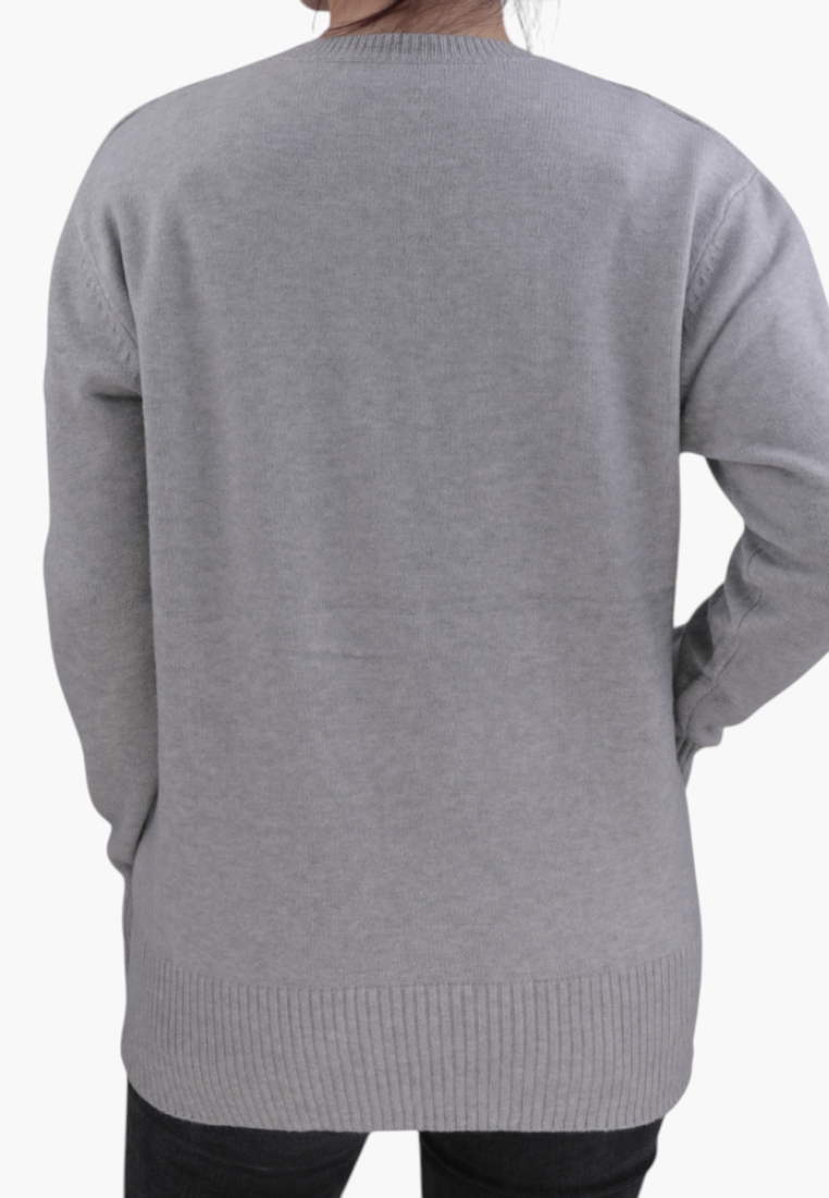 Falio grey wool blend pullover sweater with a round neckline and long sleeves, back view on a woman