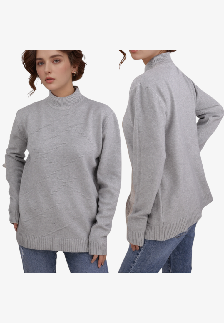 Falio grey mock neck sweater in a wool and cashmere blend with a subtle diamond knit pattern, worn with blue jeans.