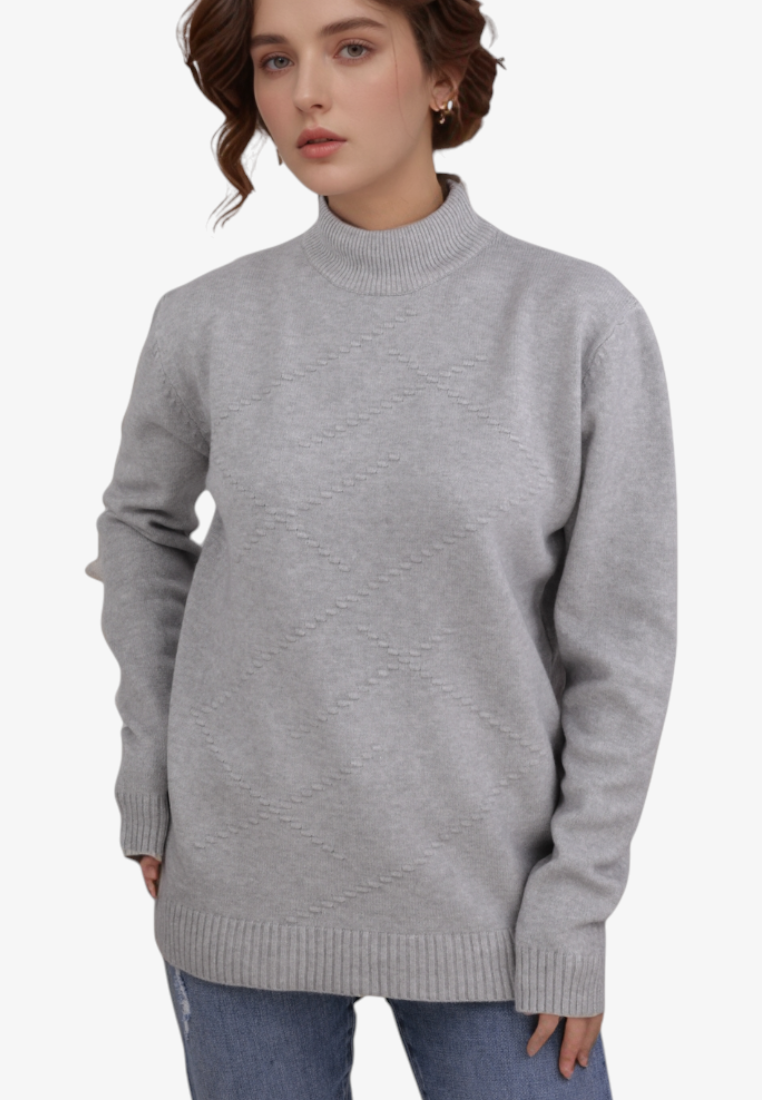 Falio grey wool and cashmere blend mock neck sweater with diamond texture pattern worn by a woman