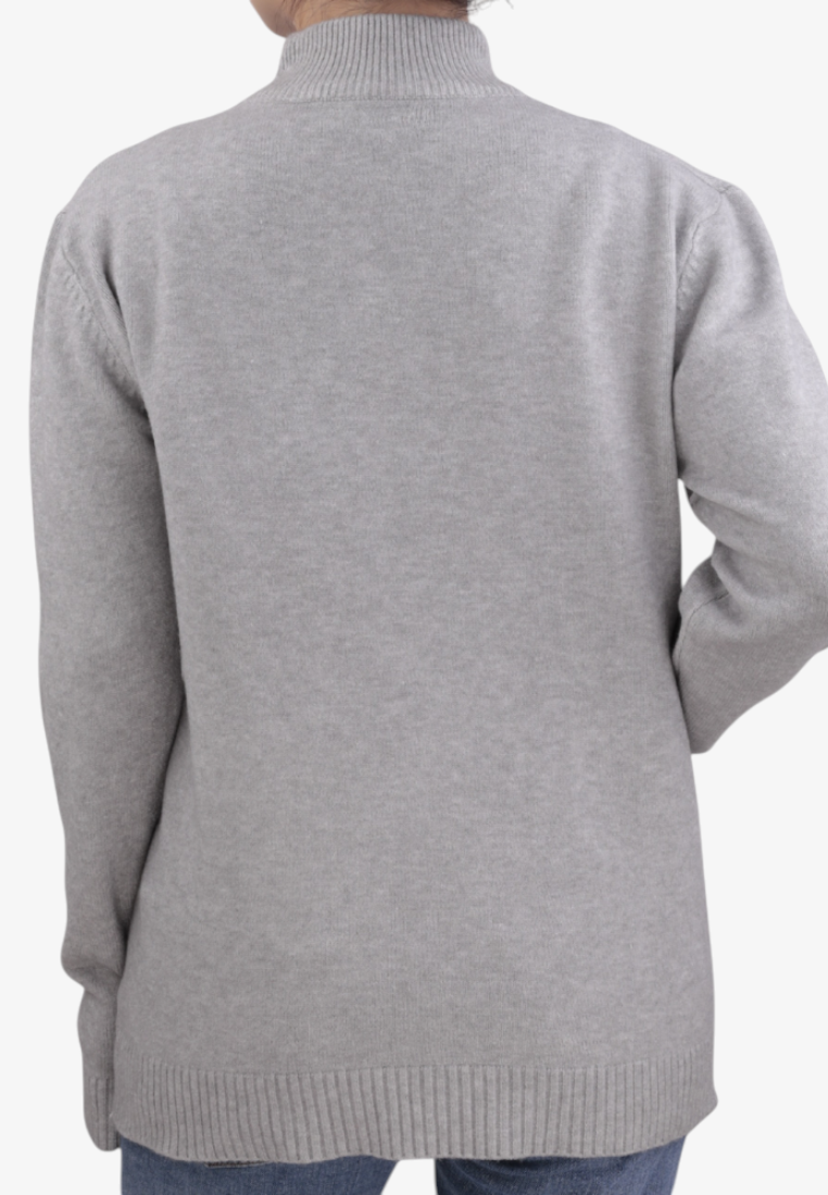 Falio grey wool and cashmere blend women's sweater with a mock neck, back view showing long sleeves and ribbed hem