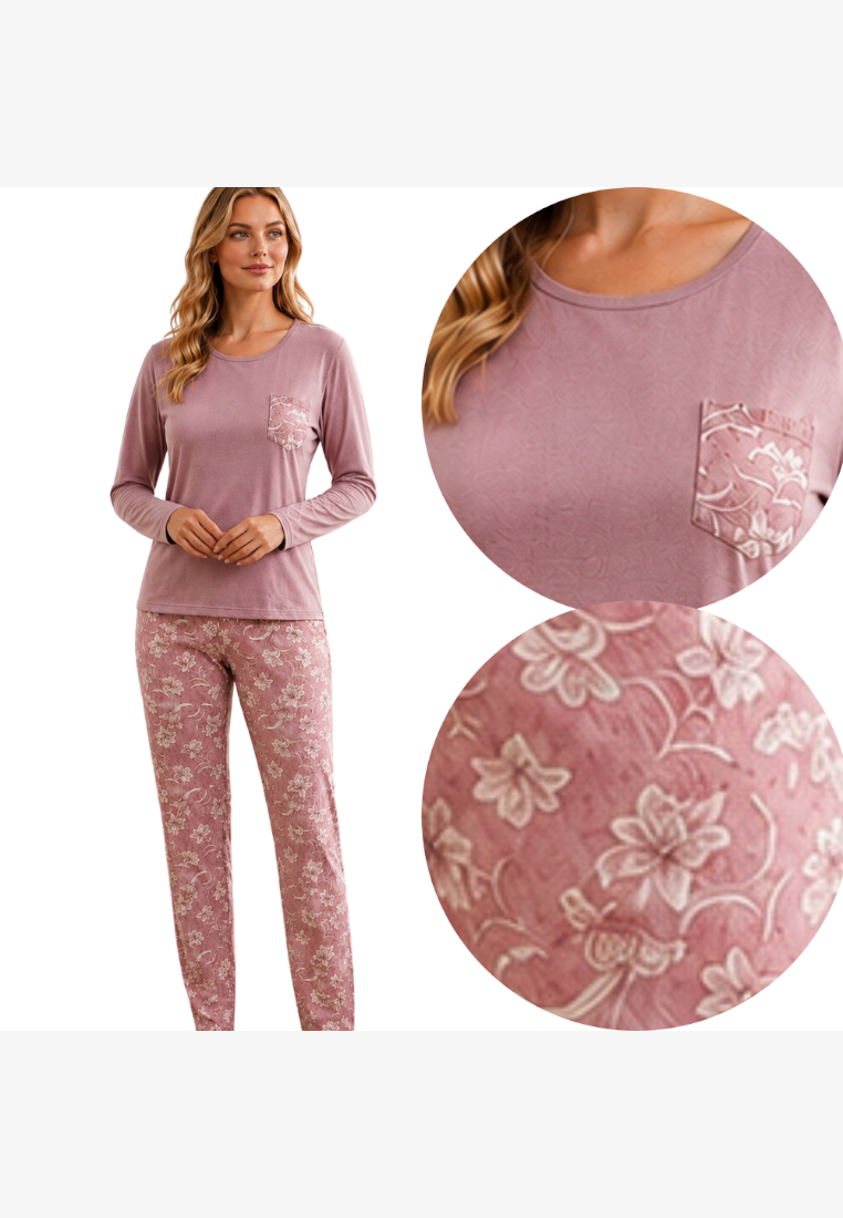Falio women's insulated cotton pajama set in dusty pink with floral print pocket and matching floral trousers.