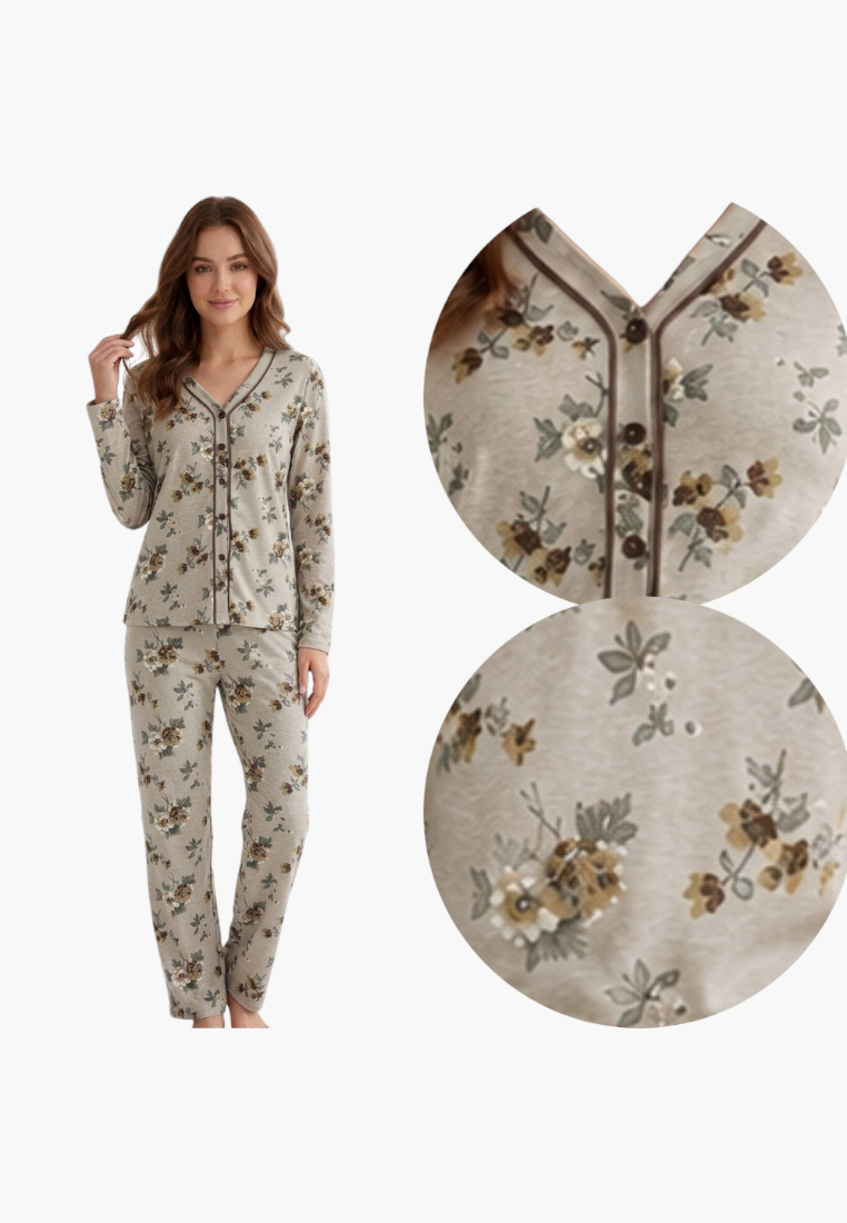 Falio women's insulated cotton pajama set with long sleeves, button-down top, and floral print in beige and brown