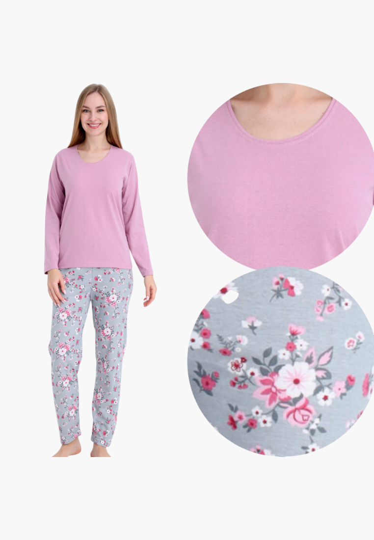 Falio women's insulated cotton pajamas with a pink long-sleeve top and grey floral print trousers