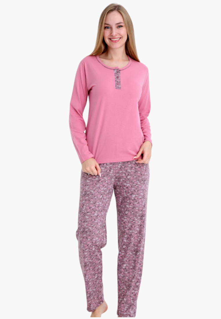 Falio women's insulated cotton pajama set with a pink long-sleeve top and patterned trousers