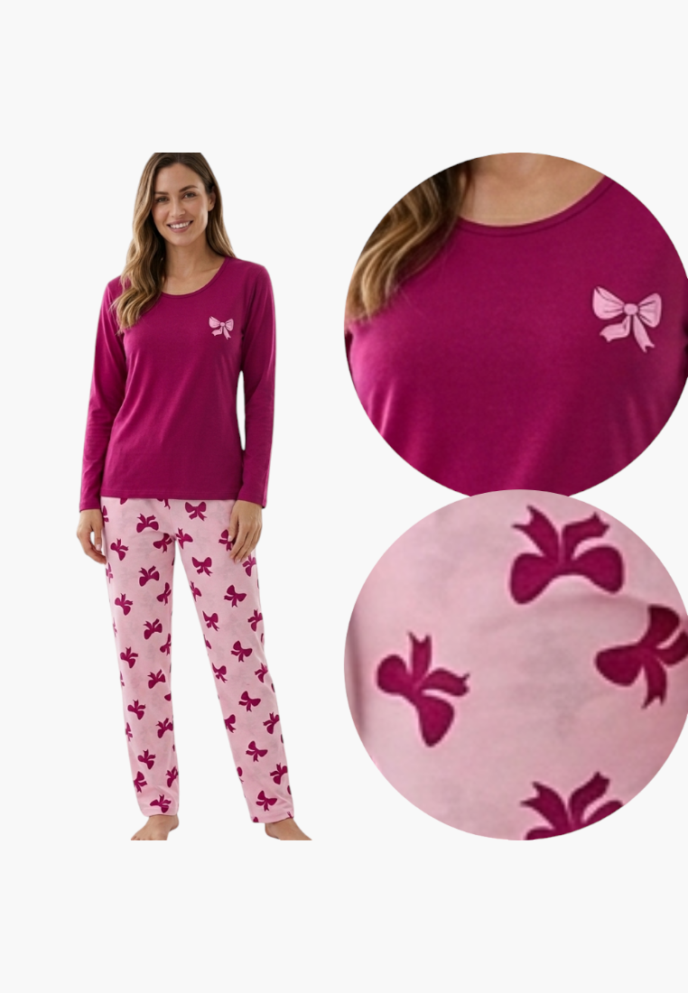 Falio women's insulated cotton pajama set with long sleeves, round neck, and pink bow pattern on pants and top.