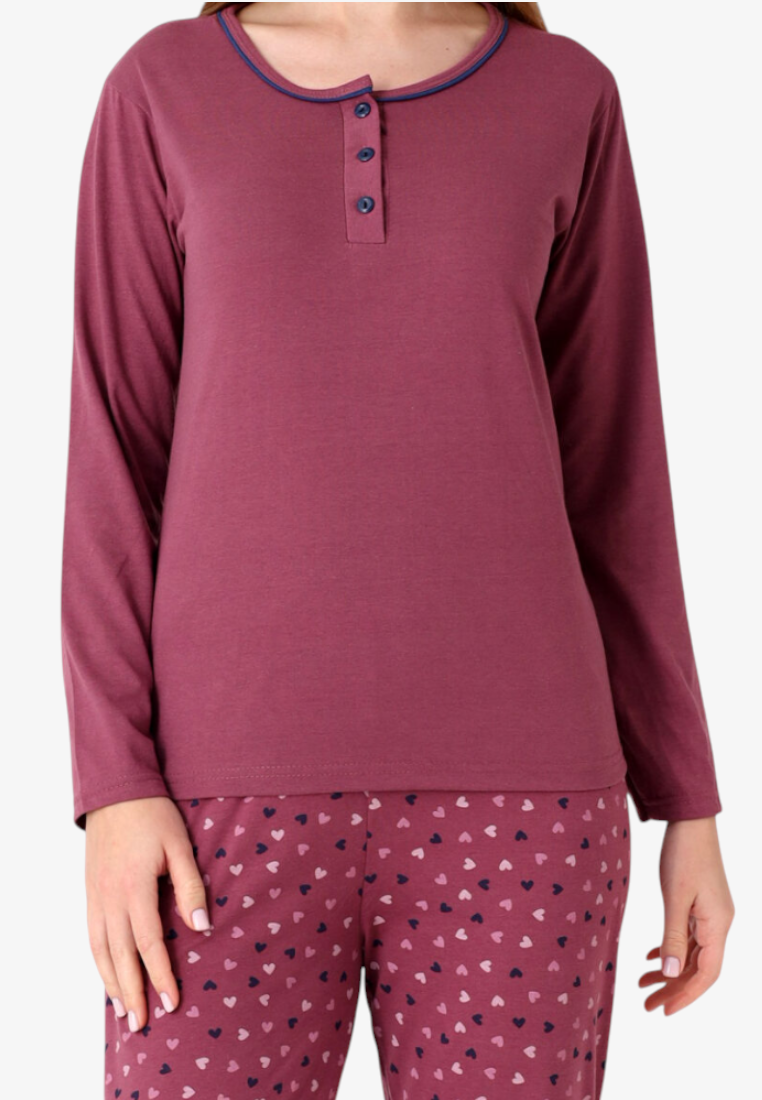 Falio women's insulated cotton pajama set with long sleeves, round neckline, button placket, and heart pattern pants.