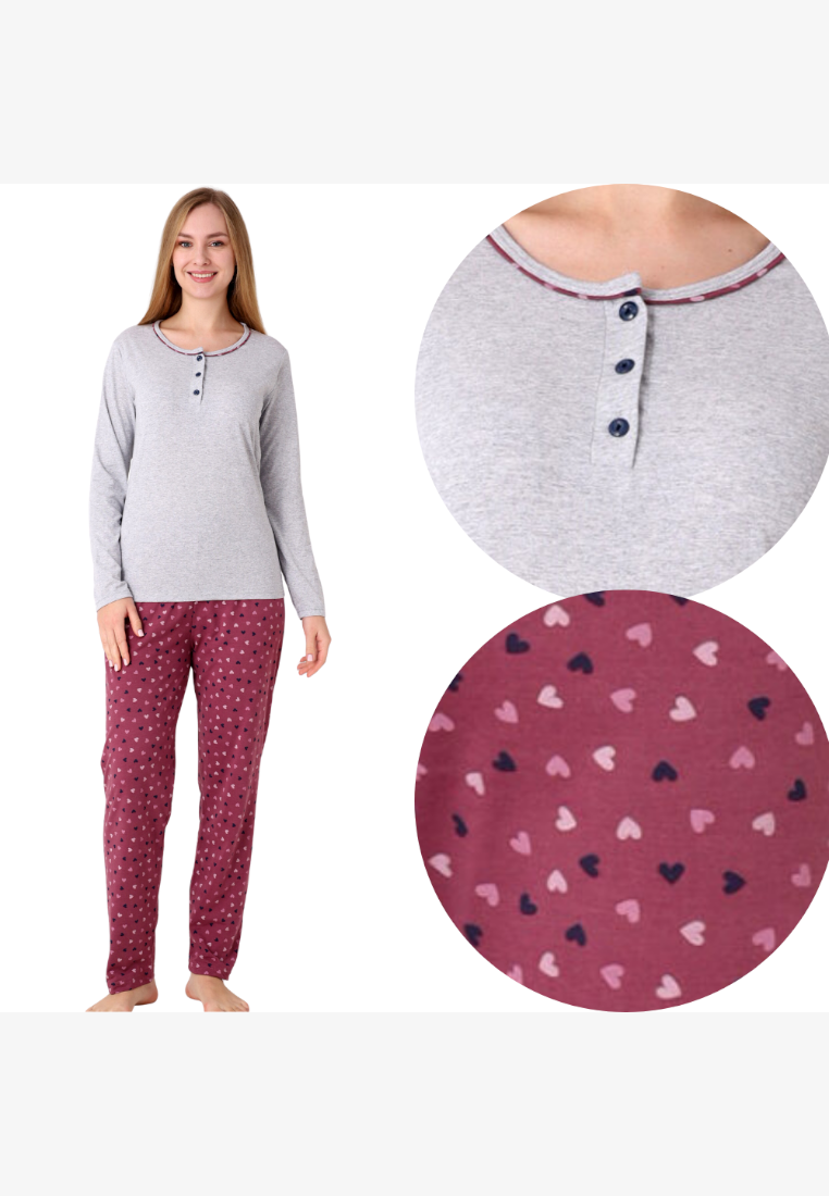 Falio women's insulated cotton pajama set with a grey long-sleeve top and burgundy heart-print trousers