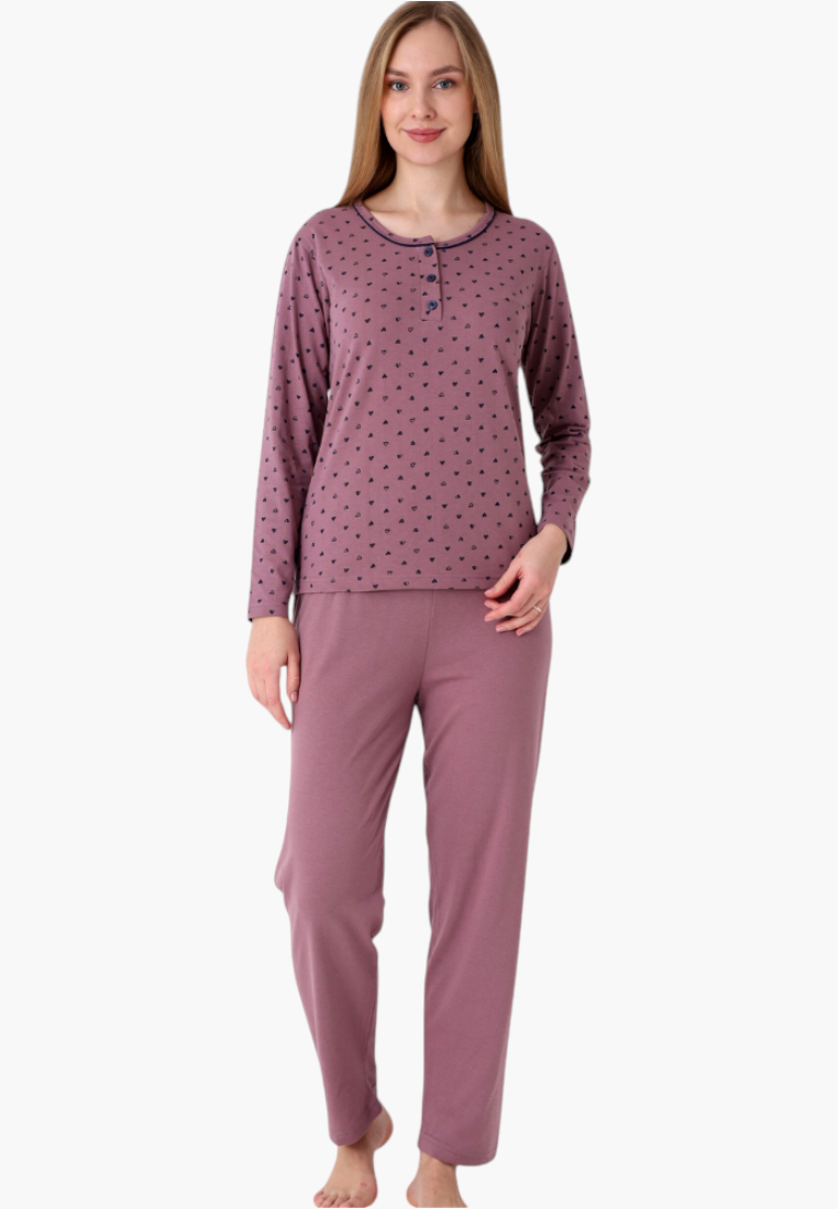 Falio women's insulated cotton pajama set in dusty pink with a small heart pattern, long sleeves, and round neckline.