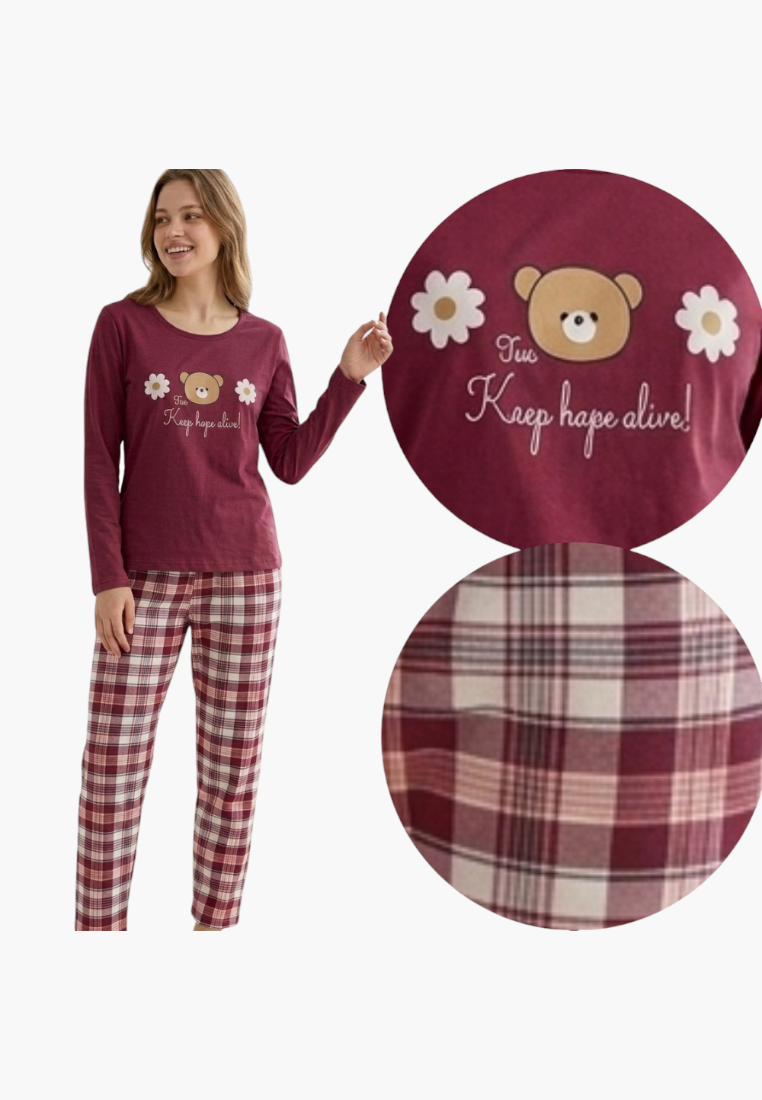 Falio women's insulated cotton pajama set with a burgundy long-sleeve top featuring a bear print and plaid pants.