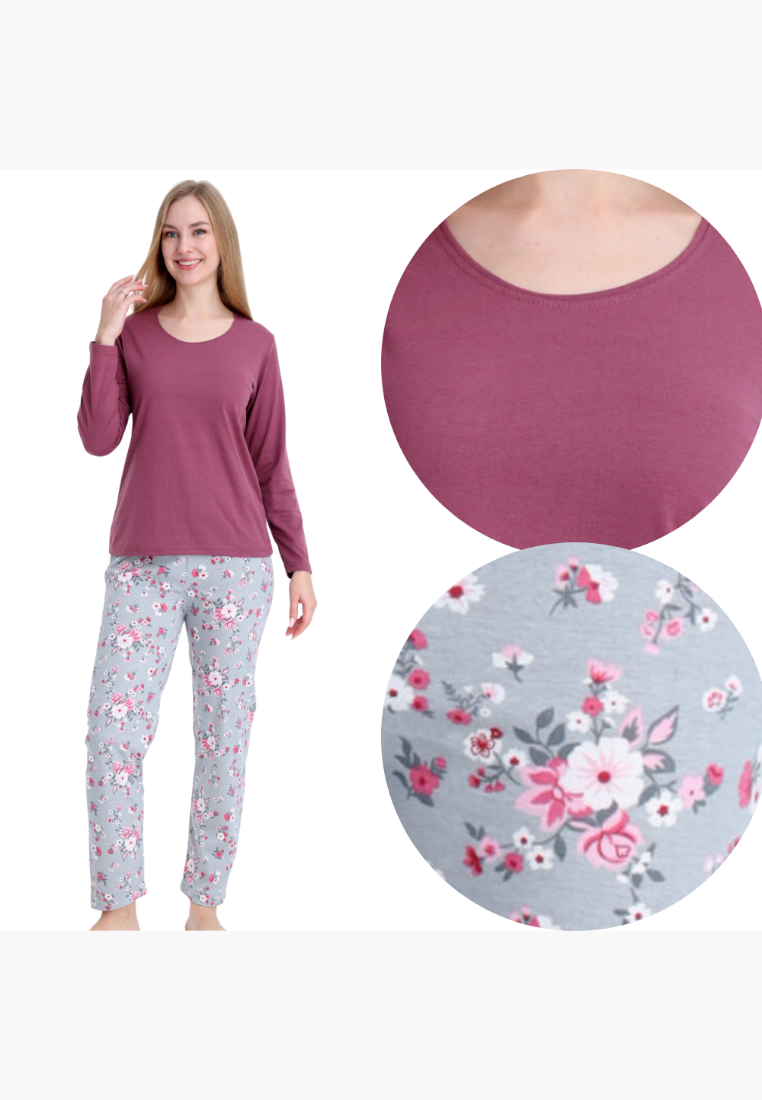 Falio women's insulated cotton pajama set with a solid mauve long-sleeve top and grey floral print trousers