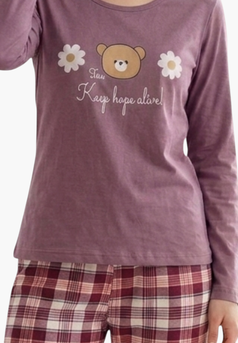 Falio women's insulated cotton pajama set with a mauve long-sleeve top featuring a bear graphic and plaid bottoms.